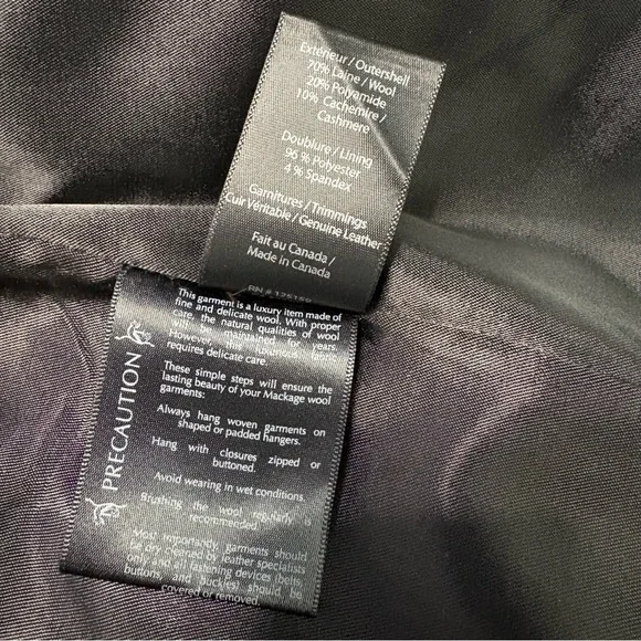 Mackage Wool Cashmere Coat Black Leather Trim Removable Collar Hood Size L - Picture 15 of 15